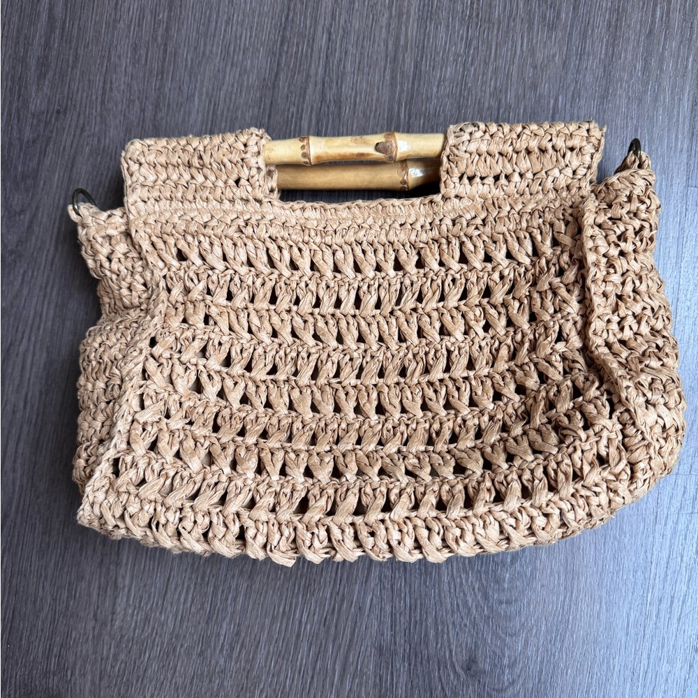 Free People Tan Woven Bag with Bamboo Handles